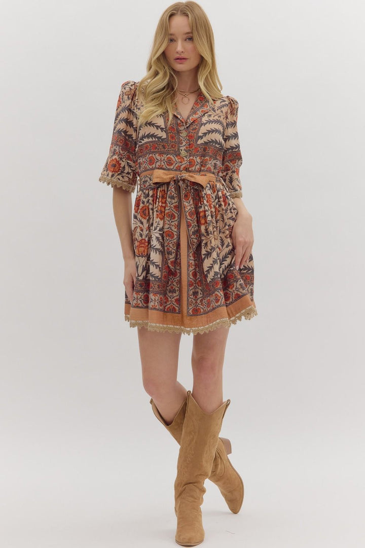 Botanical Puff Sleeve Belted Mini Dress - Lush Lemon - Women's Clothing - Entro - 30230831078013