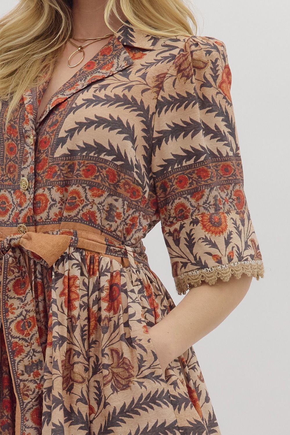 Botanical Puff Sleeve Belted Mini Dress - Lush Lemon - Women's Clothing - Entro - 30230831078013