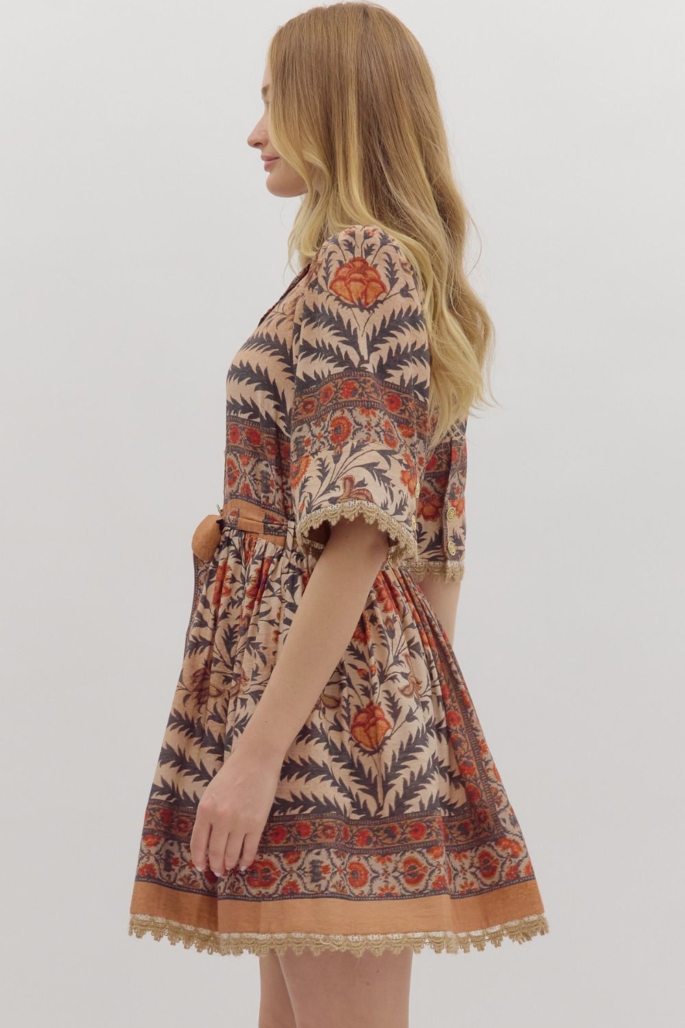 Botanical Puff Sleeve Belted Mini Dress - Lush Lemon - Women's Clothing - Entro - 30230831078013