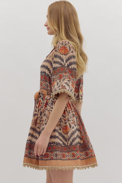 Botanical Puff Sleeve Belted Mini Dress - Lush Lemon - Women&