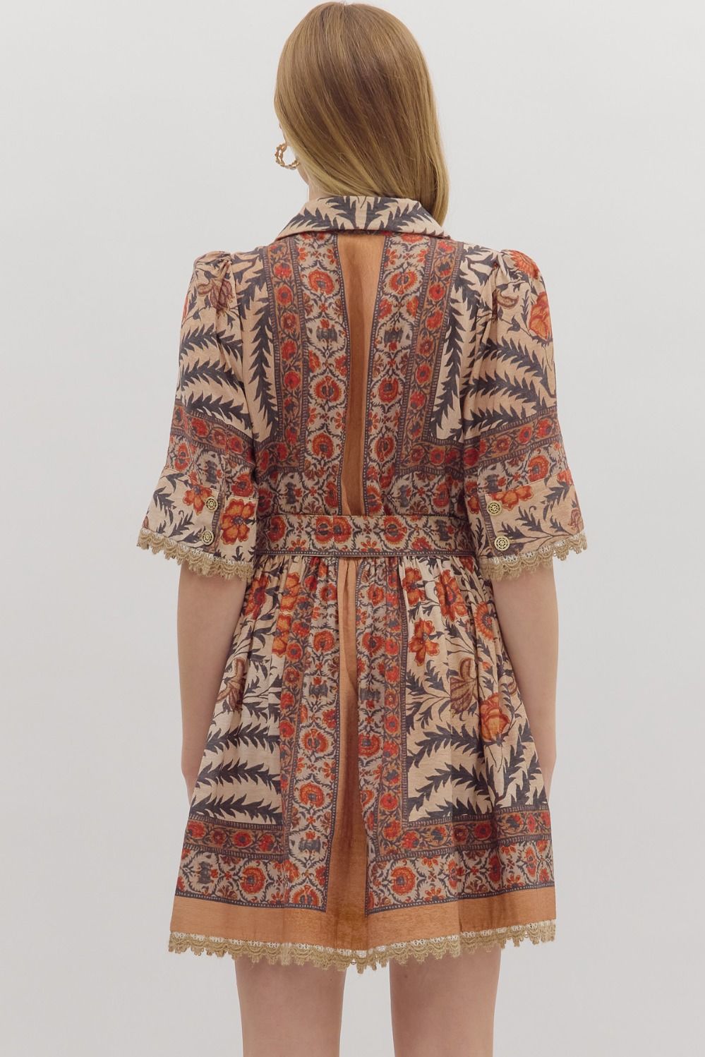 Botanical Puff Sleeve Belted Mini Dress - Lush Lemon - Women's Clothing - Entro - 30230831078013