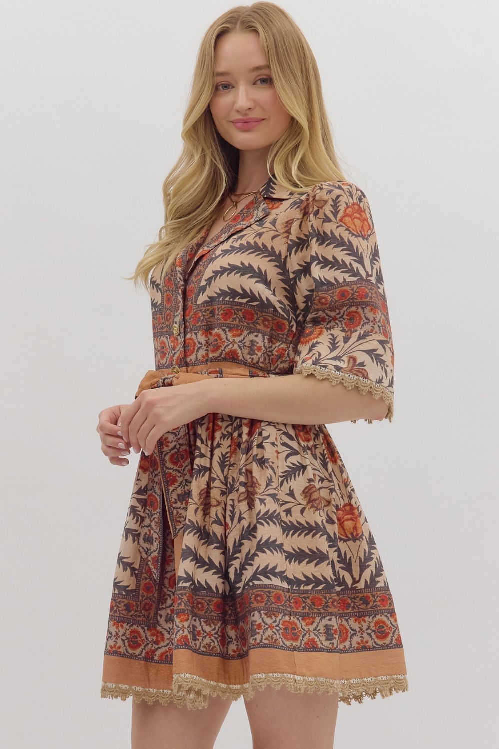 Botanical Puff Sleeve Belted Mini Dress - Lush Lemon - Women's Clothing - Entro - 30230831078013