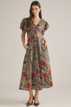 Botanical Puff Sleeve Midi Dress - Lush Lemon - Women&