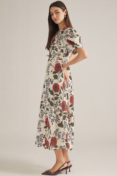 Botanical Puff Sleeve Midi Dress - Lush Lemon - Women&