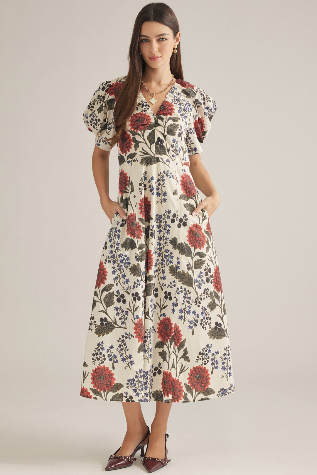 Botanical Puff Sleeve Midi Dress - Lush Lemon - Women's Clothing - Entro - 82327451320893
