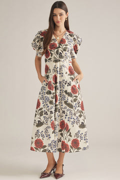 Botanical Puff Sleeve Midi Dress - Lush Lemon - Women&