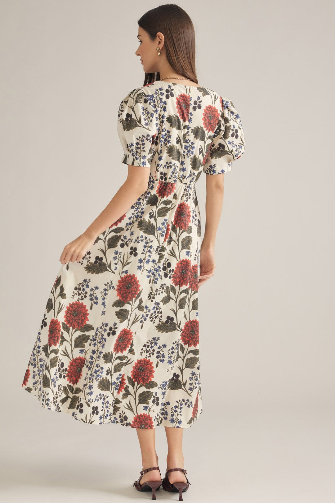 Botanical Puff Sleeve Midi Dress - Lush Lemon - Women's Clothing - Entro - 82327451320893