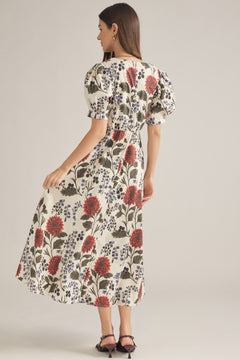 Botanical Puff Sleeve Midi Dress - Lush Lemon - Women&
