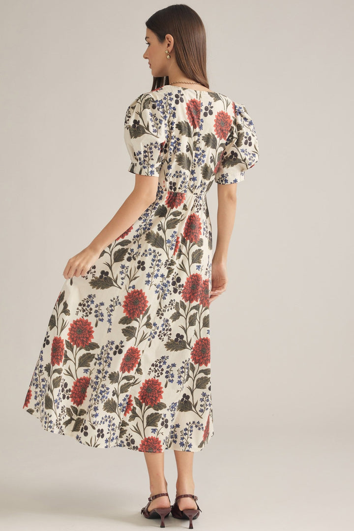 Botanical Puff Sleeve Midi Dress - Lush Lemon - Women's Clothing - Entro - 82327451320893