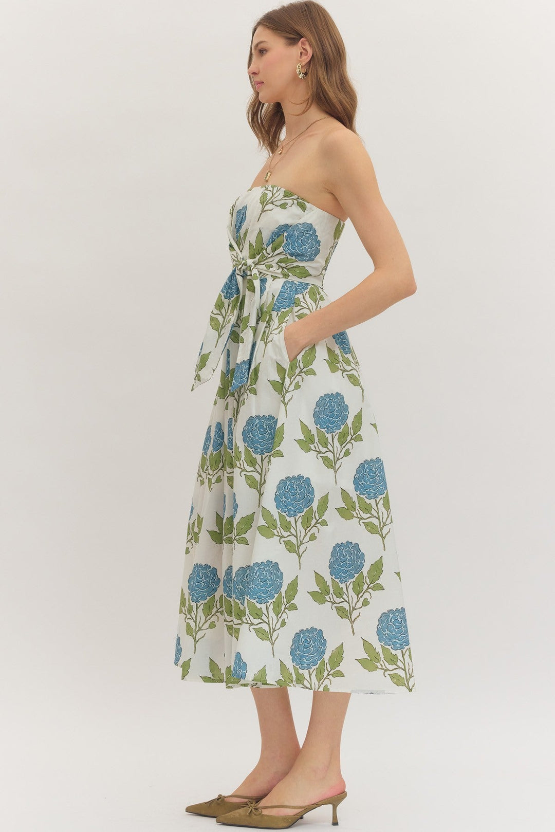 Botanical Strapless Tie Waist Midi Dress - Lush Lemon - Women's Clothing - Entro - 33129381081085
