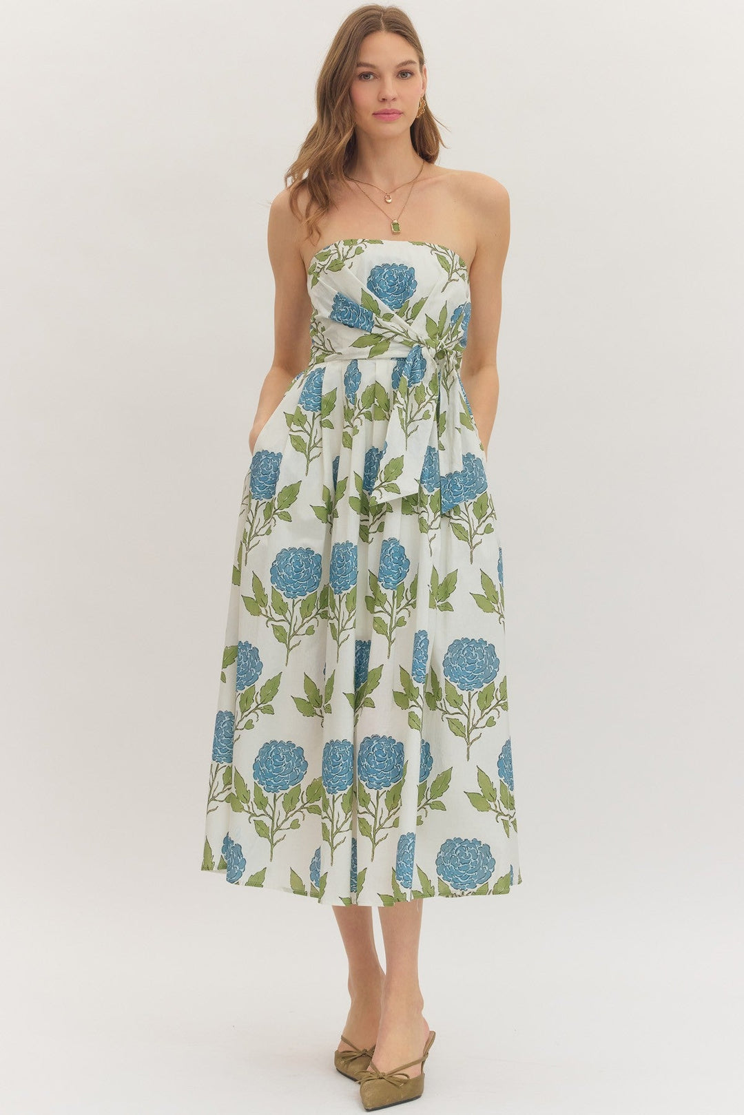 Botanical Strapless Tie Waist Midi Dress - Lush Lemon - Women's Clothing - Entro - 33129381081085