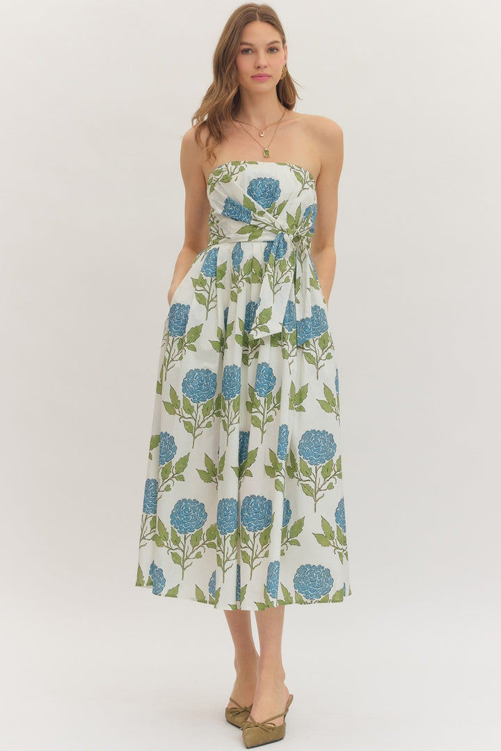 Botanical Strapless Tie Waist Midi Dress - Lush Lemon - Women's Clothing - Entro - 33129381081085