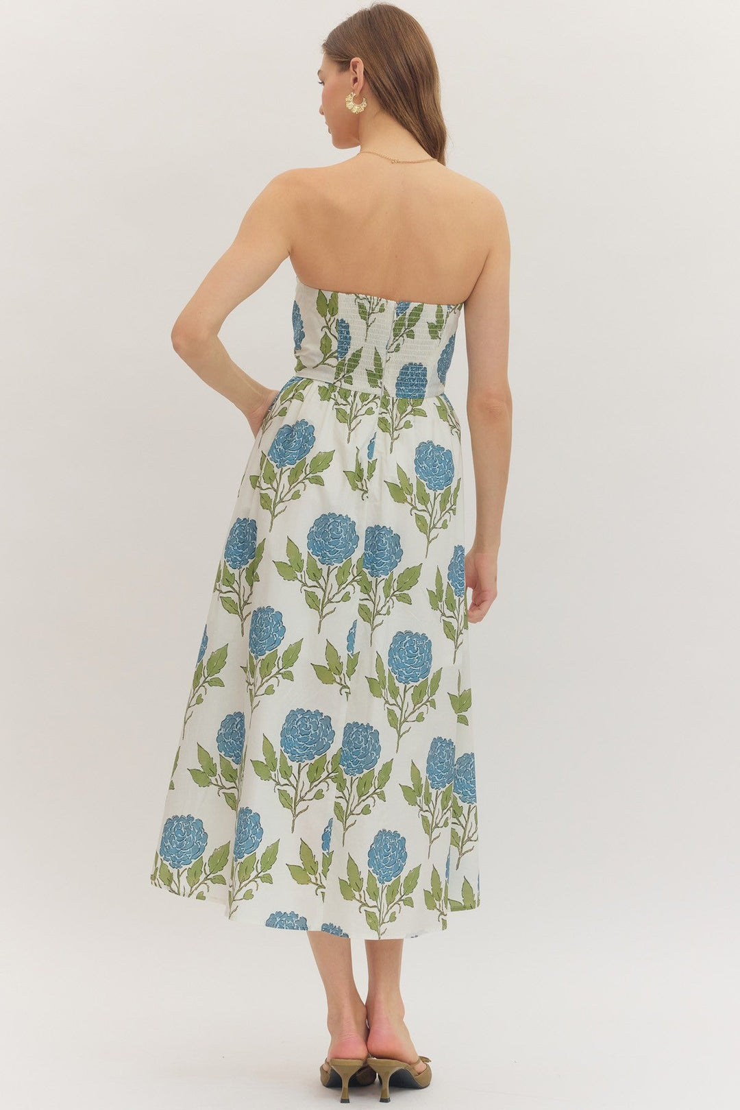 Botanical Strapless Tie Waist Midi Dress - Lush Lemon - Women's Clothing - Entro - 33129381081085