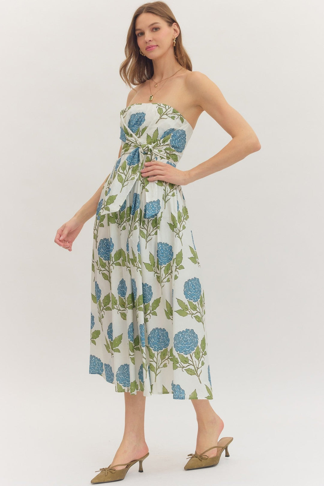 Botanical Strapless Tie Waist Midi Dress - Lush Lemon - Women's Clothing - Entro - 33129381081085