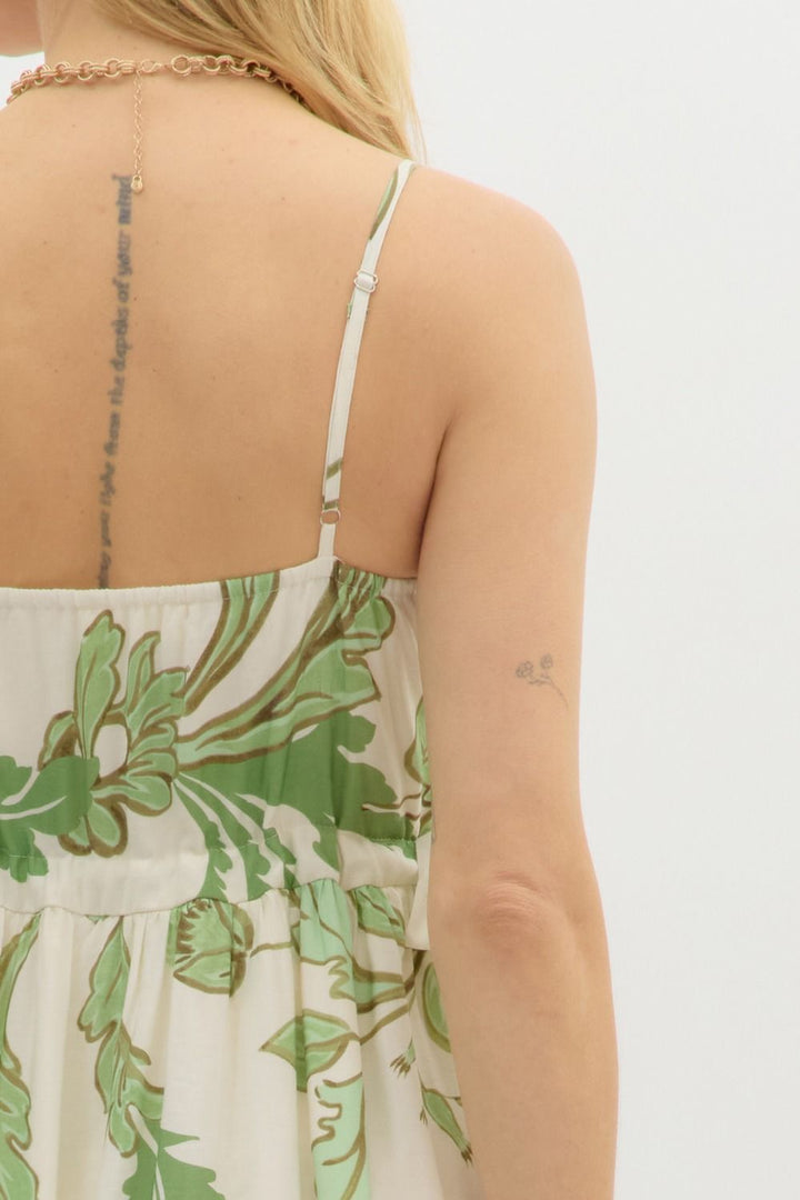 Botanical Tiered Midi Dress W/Adjustable Straps - Lush Lemon - Women's Clothing - Entro - 80322123106205