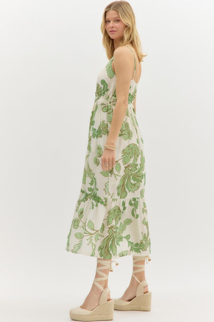 Botanical Tiered Midi Dress W/Adjustable Straps - Lush Lemon - Women's Clothing - Entro - 80322123106205
