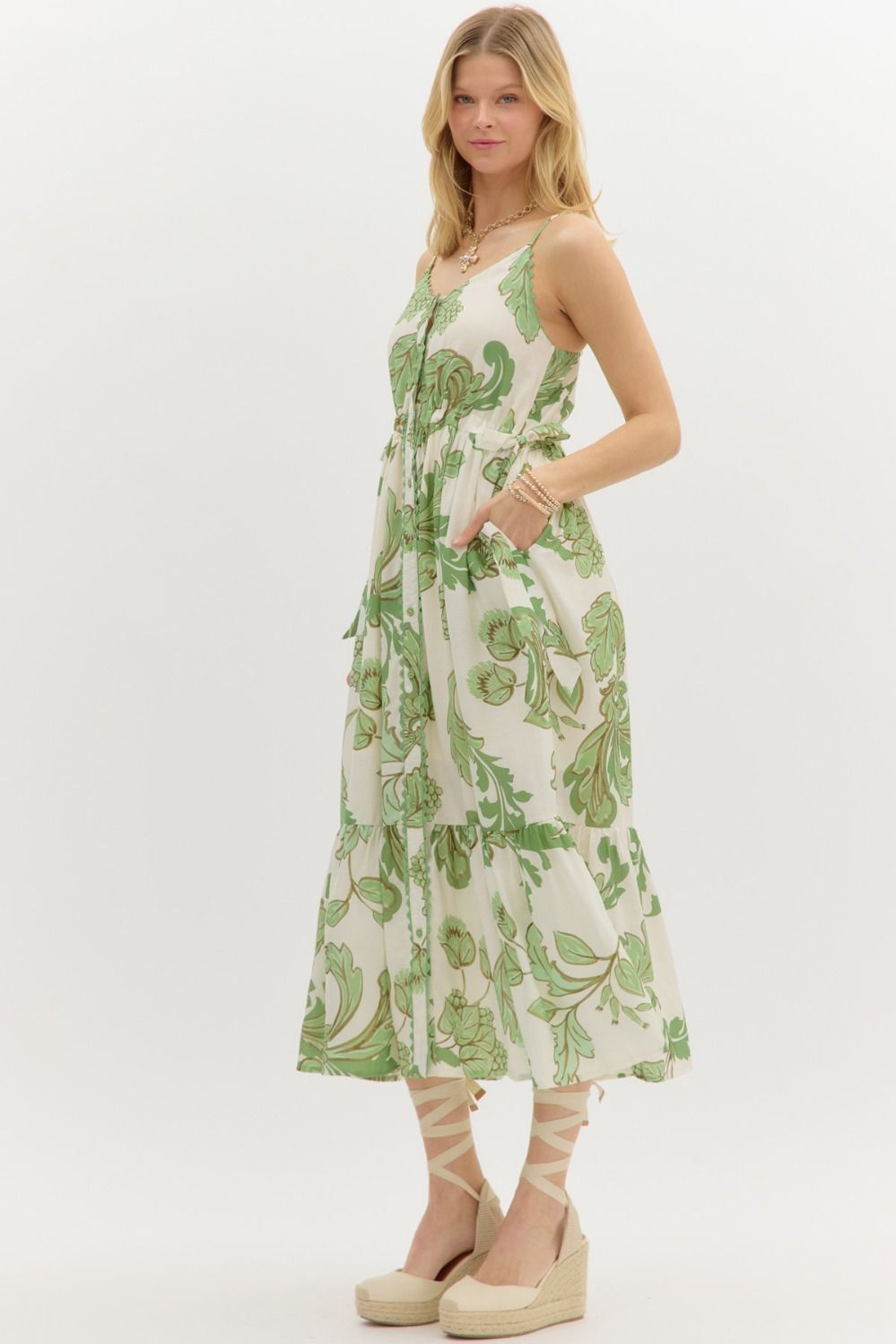 Botanical Tiered Midi Dress W/Adjustable Straps - Lush Lemon - Women's Clothing - Entro - 80322123106205