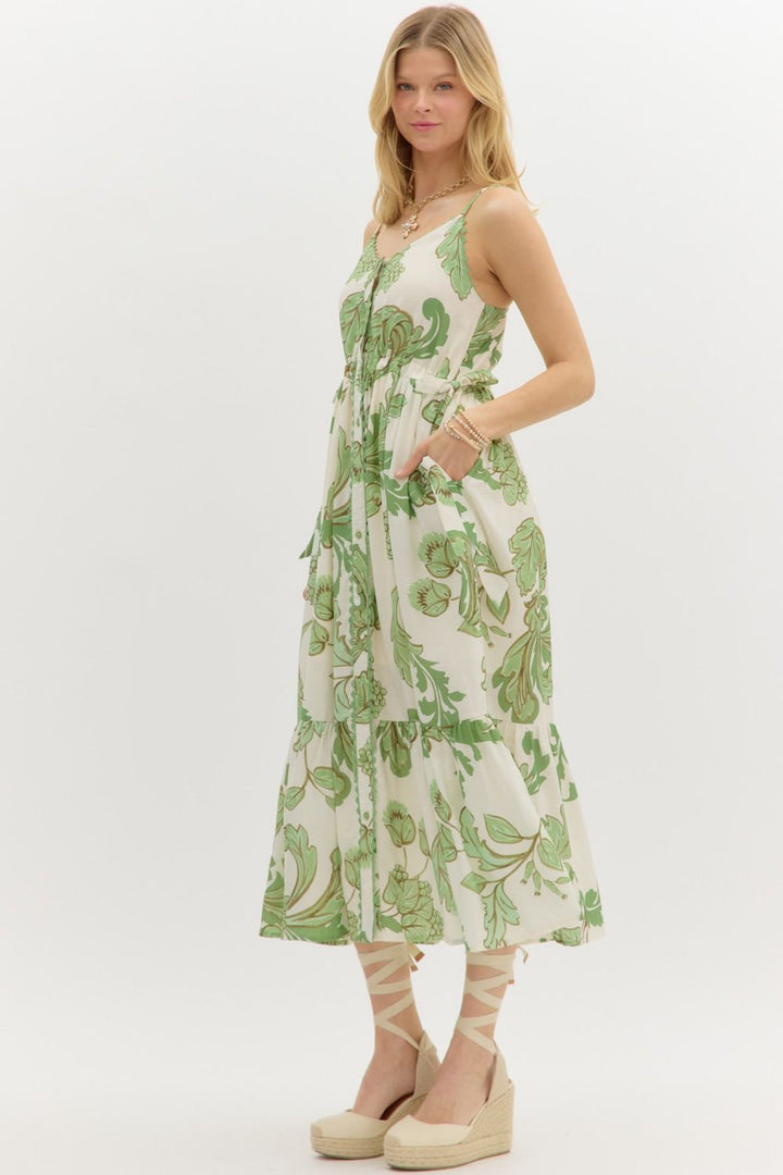 Botanical Tiered Midi Dress W/Adjustable Straps - Lush Lemon - Women's Clothing - Entro - 80322123106205