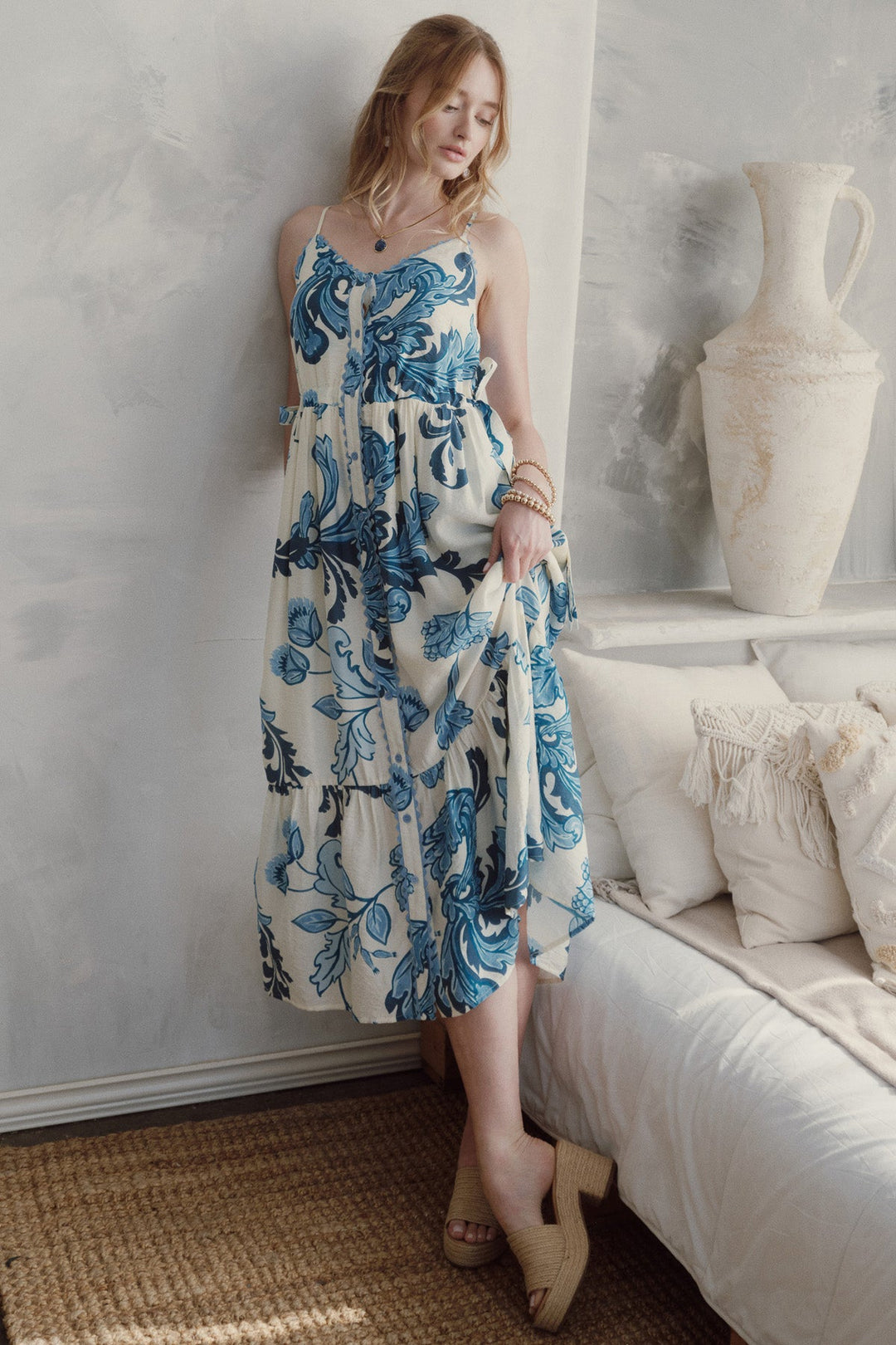 Botanical Tiered Midi Dress W/Adjustable Straps - Lush Lemon - Women's Clothing - Entro - 80322123106205