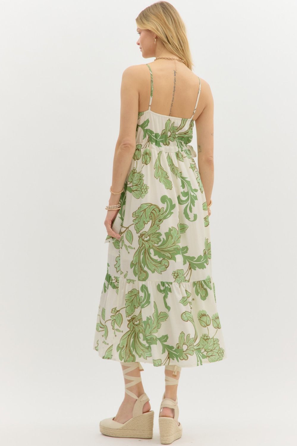 Botanical Tiered Midi Dress W/Adjustable Straps - Lush Lemon - Women's Clothing - Entro - 80322123106205