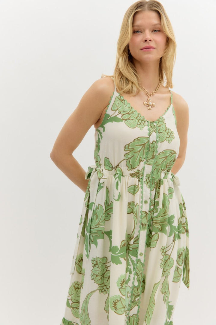 Botanical Tiered Midi Dress W/Adjustable Straps - Lush Lemon - Women's Clothing - Entro - 80322123106205