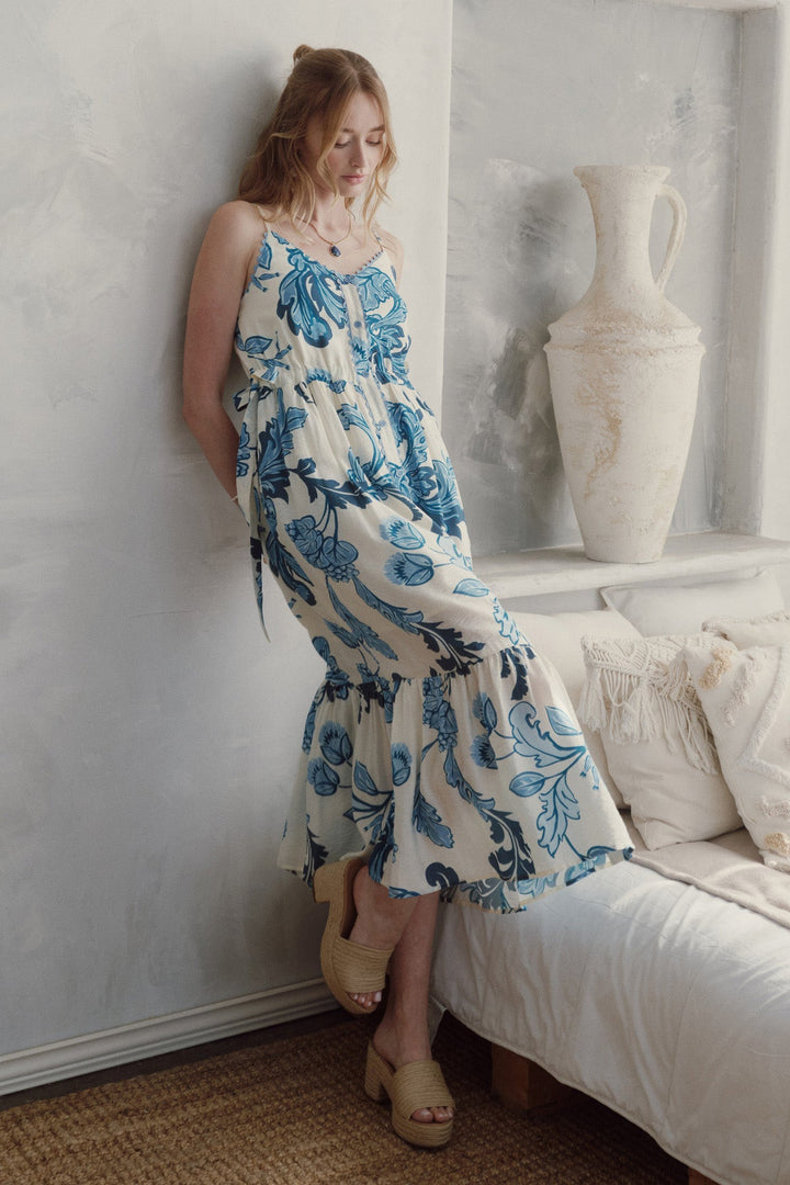 Botanical Tiered Midi Dress W/Adjustable Straps - Lush Lemon - Women's Clothing - Entro - 80322123404509