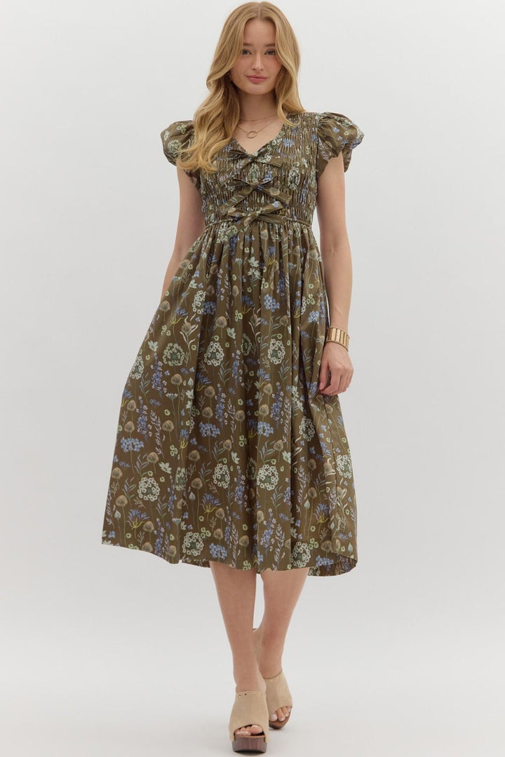Bow Smocked Floral Midi Dress W/Pockets - Lush Lemon - Women's Clothing - Entro - 97692161030685