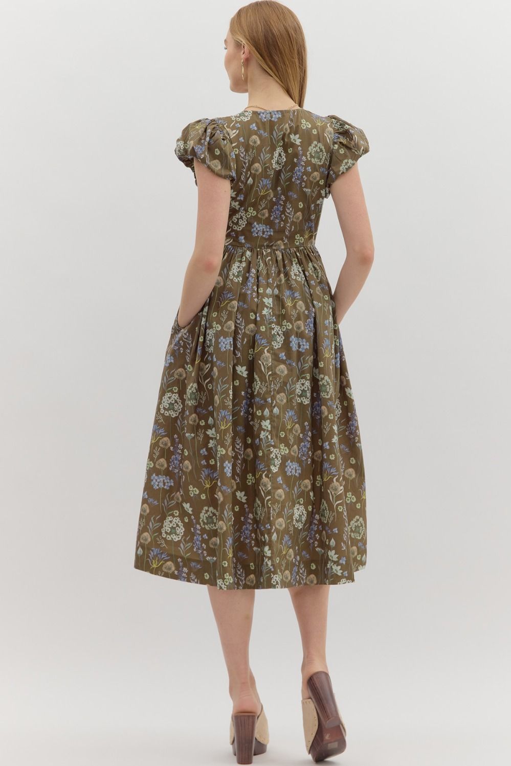 Bow Smocked Floral Midi Dress W/Pockets - Lush Lemon - Women's Clothing - Entro - 97692161030685