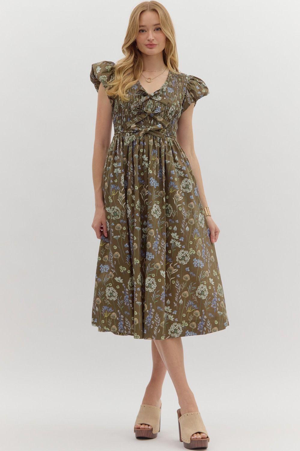 Bow Smocked Floral Midi Dress W/Pockets - Lush Lemon - Women's Clothing - Entro - 97692161030685