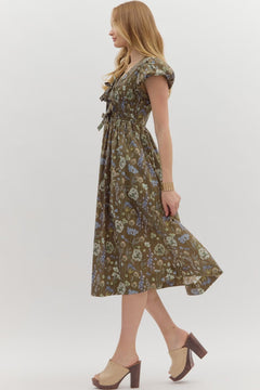 Bow Smocked Floral Midi Dress W/Pockets - Lush Lemon - Women&