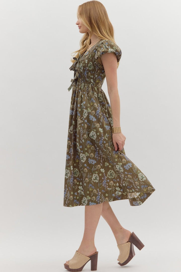 Bow Smocked Floral Midi Dress W/Pockets - Lush Lemon - Women's Clothing - Entro - 97692161030685