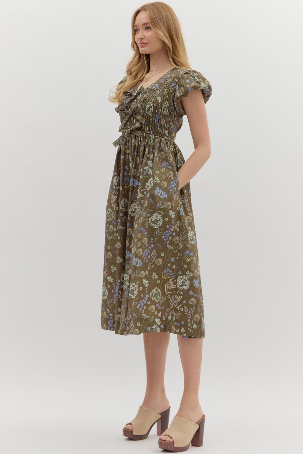 Bow Smocked Floral Midi Dress W/Pockets - Lush Lemon - Women's Clothing - Entro - 97692161030685