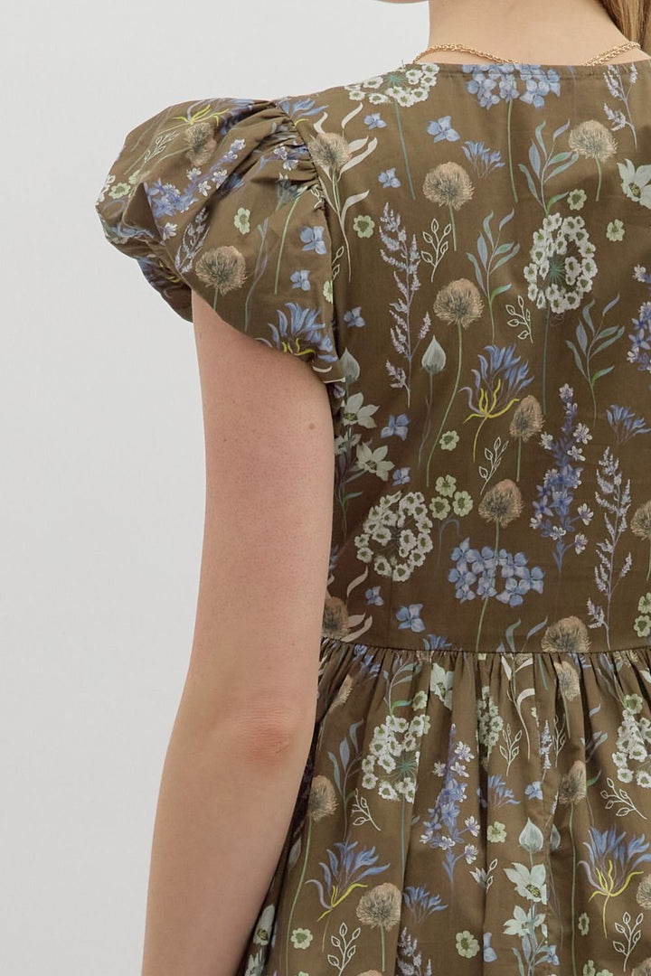 Bow Smocked Floral Midi Dress W/Pockets - Lush Lemon - Women's Clothing - Entro - 97692161030685