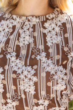 Brown Floral Embroidered Chiffon Top - Lush Lemon - Women&
