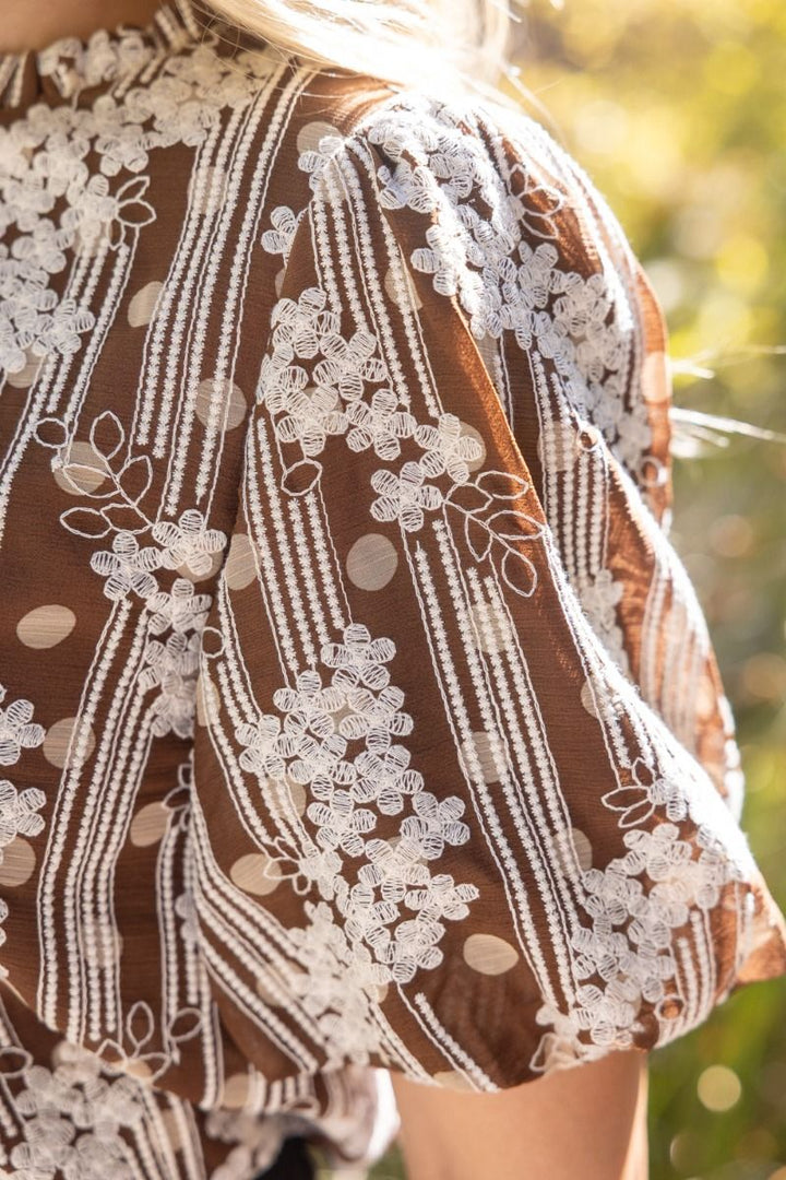 Brown Floral Embroidered Chiffon Top - Lush Lemon - Women's Clothing - Voy - 24272391058205