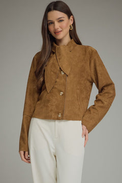 Brown Suede Tie-Neck Cropped Jacket - Lush Lemon - Women&