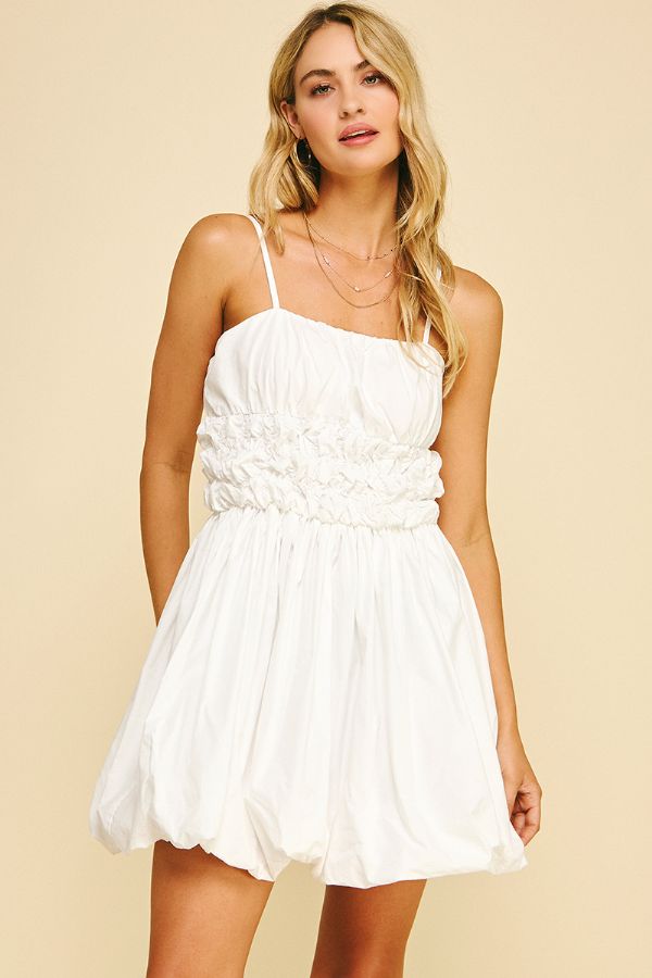 Bubble Hem Mini Dress W/Shirring - Lush Lemon - Women's Clothing - Pinch - 18477491061885