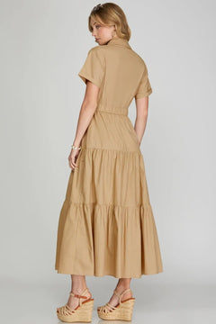 Button - Down Tiered Maxi Dress - Lush Lemon - Women&