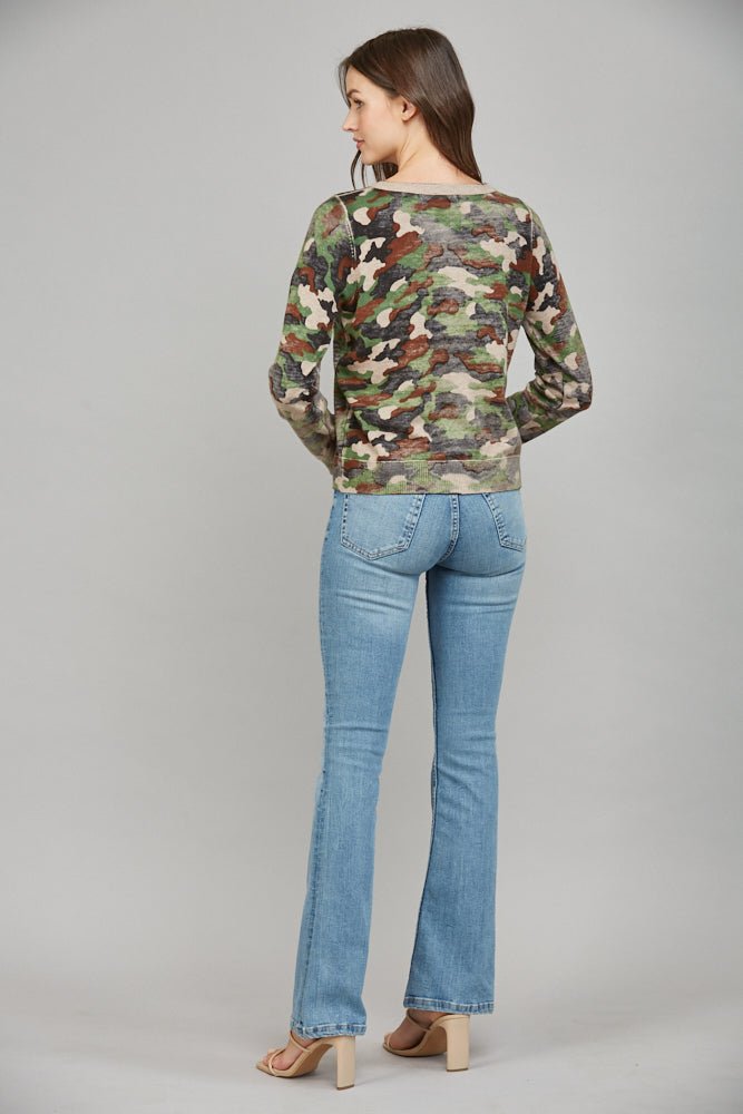 Camo Print Button Front Cardigan - Lush Lemon - Women's Clothing - Fate By LFD - 89261091090781