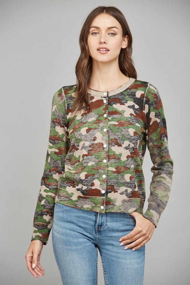 Camo Print Button Front Cardigan - Lush Lemon - Women's Clothing - Fate By LFD - 89261091090781