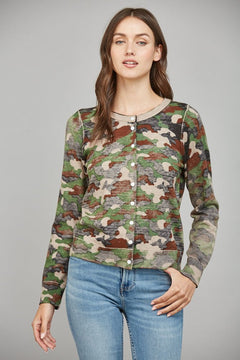 Camo Print Button Front Cardigan - Lush Lemon - Women&