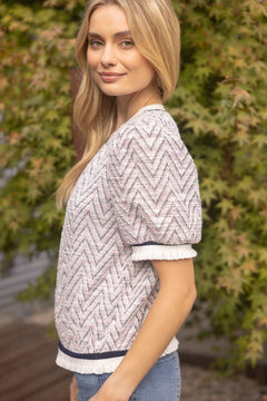 Chevron Knit Top W/Striped Trim - Lush Lemon - Women&