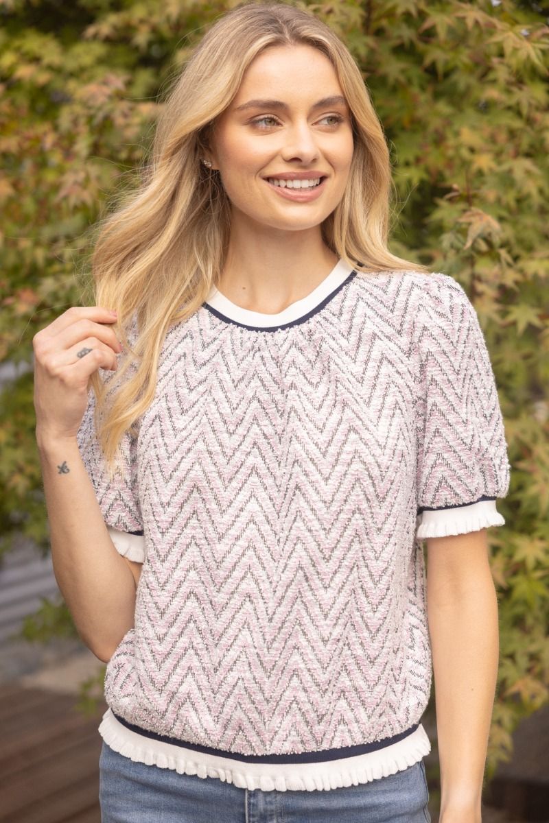 Chevron Knit Top W/Striped Trim - Lush Lemon - Women's Clothing - Voy - 69955871030461