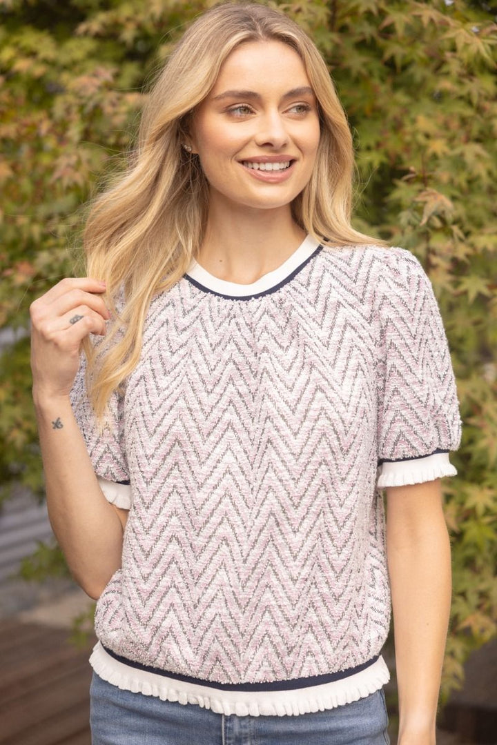 Chevron Knit Top W/Striped Trim - Lush Lemon - Women's Clothing - Voy - 69955871030461
