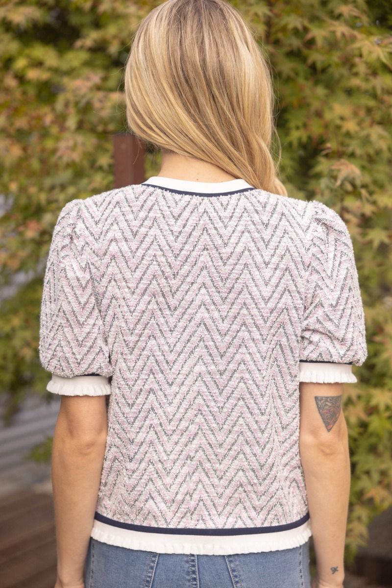 Chevron Knit Top W/Striped Trim - Lush Lemon - Women's Clothing - Voy - 69955871030461