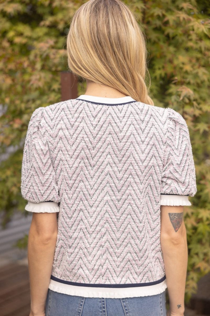 Chevron Knit Top W/Striped Trim - Lush Lemon - Women's Clothing - Voy - 69955871030461