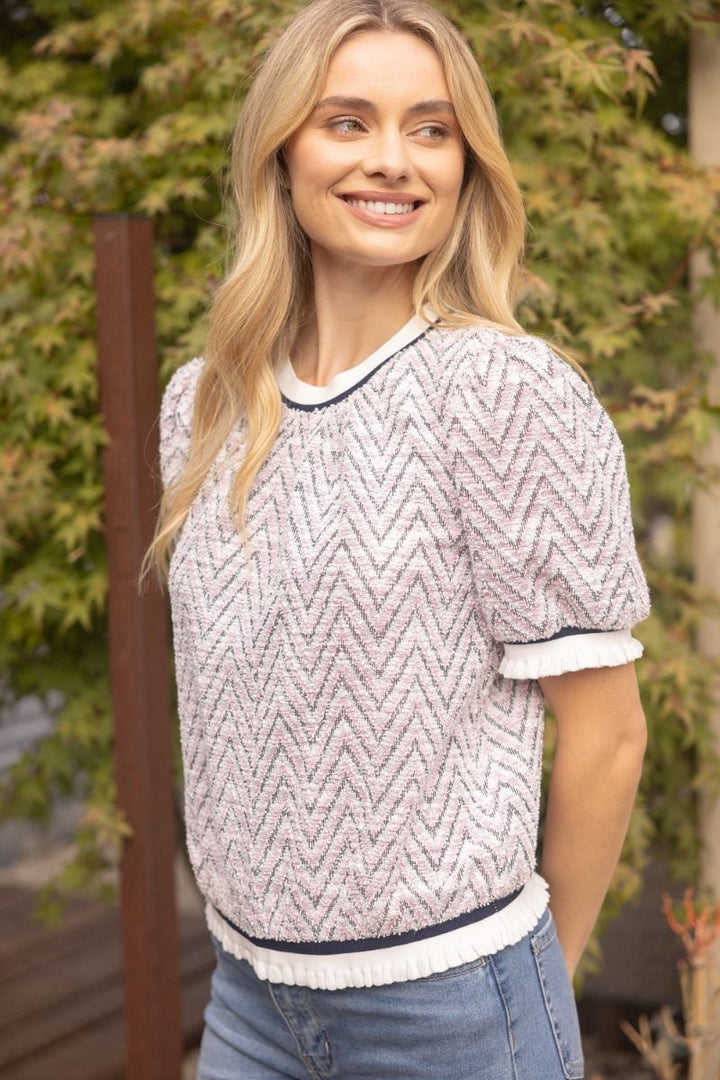 Chevron Knit Top W/Striped Trim - Lush Lemon - Women's Clothing - Voy - 69955871030461