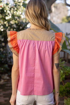Color Block Ruffle Sleeve Top - Lush Lemon - Women&