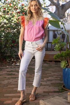 Color Block Ruffle Sleeve Top - Lush Lemon - Women&