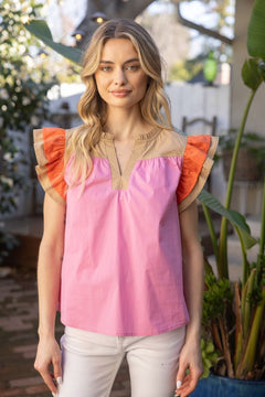 Color Block Ruffle Sleeve Top - Lush Lemon - Women&